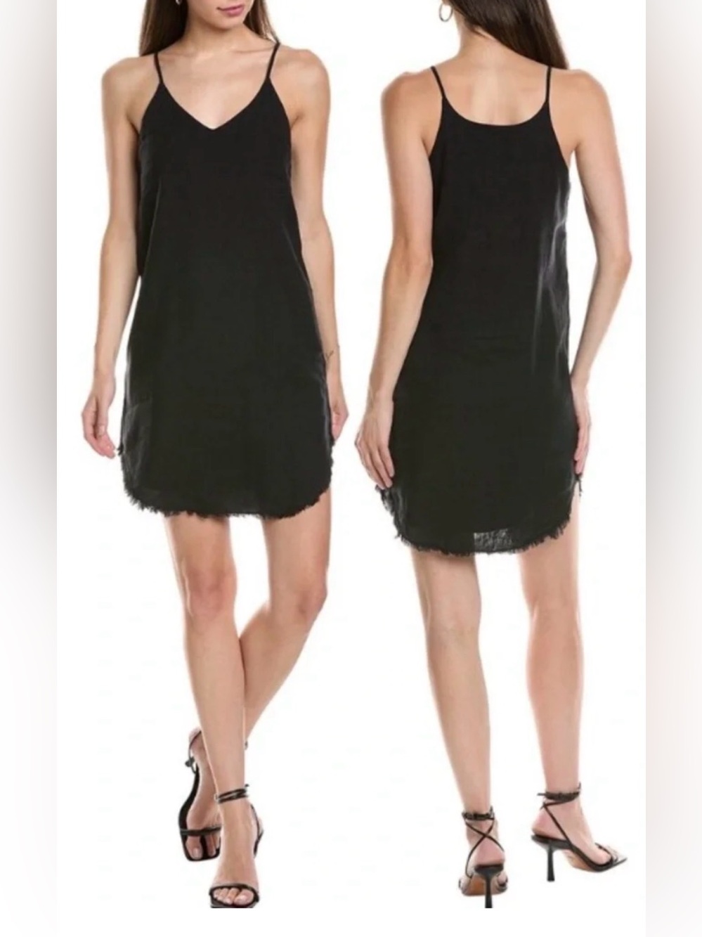 KRISA 100% Linen Black Mini Dress with Frayed Hem Size M